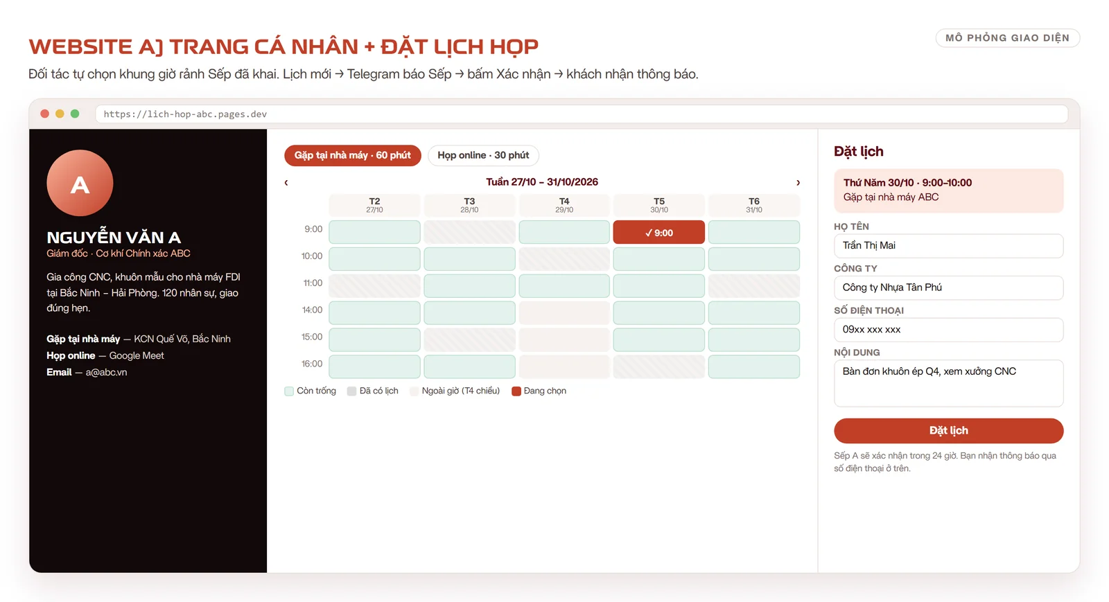 Mô phỏng website đặt lịch họp: cột giới thiệu Sếp, lưới tuần với ô còn trống / đã có lịch / đang chọn, form họ tên công ty số điện thoại nội dung và nút Đặt lịch
